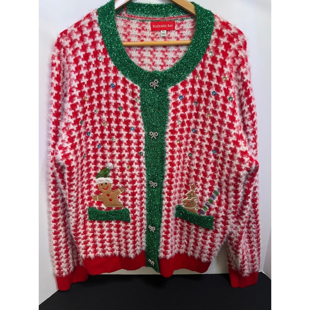 Blizzard Bay Red Houndstooth Ugly Christmas Sweater Cardigan Gingerbread XL